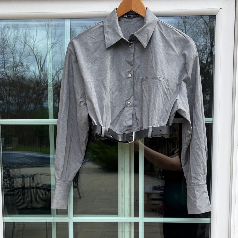 Zara Gray Button-Down Shirt with Belt